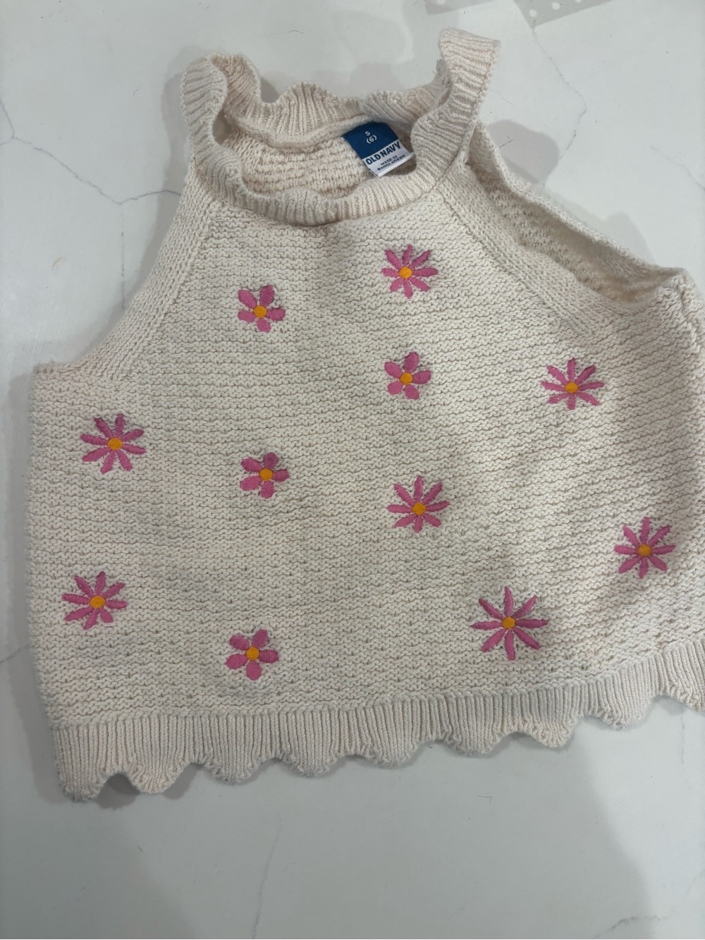 Old Navy Cream Knit Halter Tank with Pink Daisy Motif